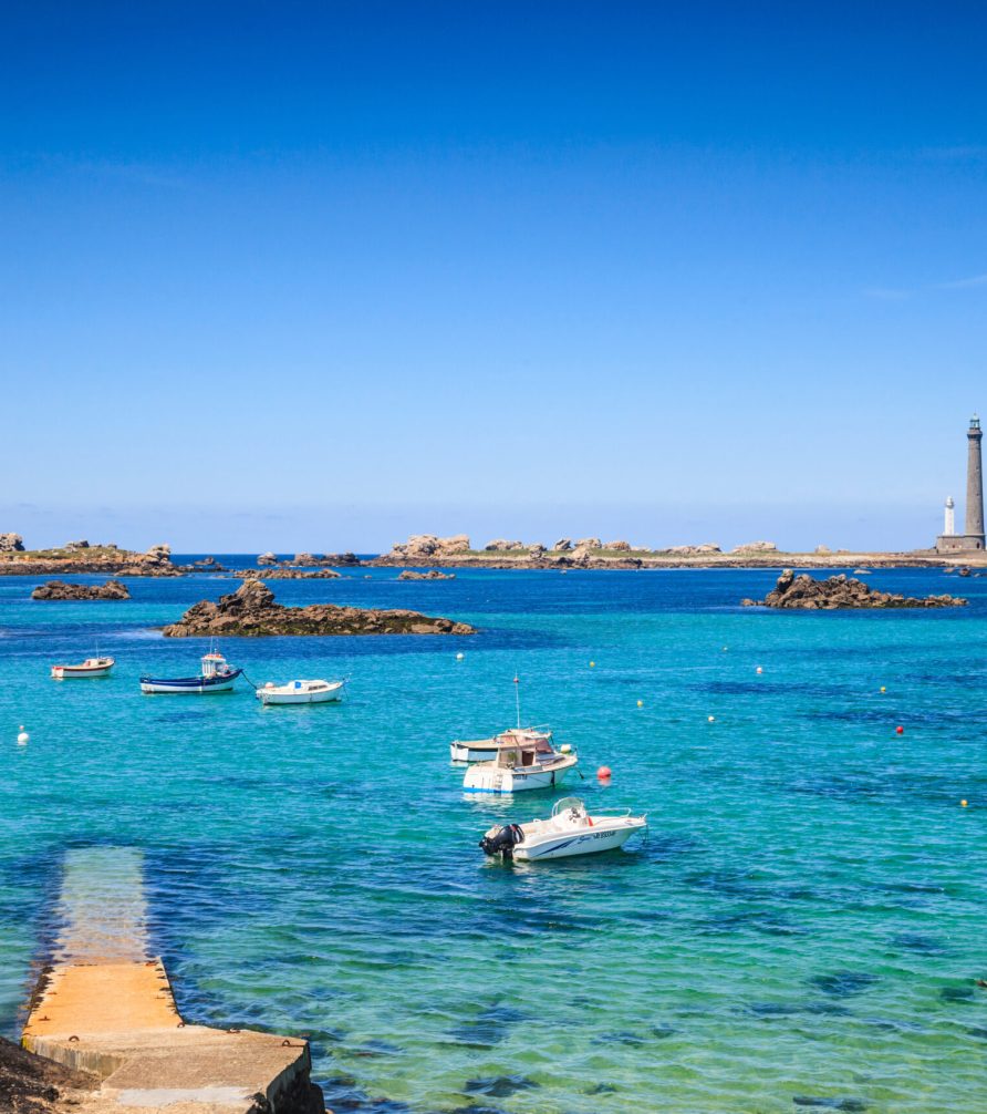 The lighthouse Ile Vierge on a sunny summer day, on the north coast of Finistere, Brittany, France